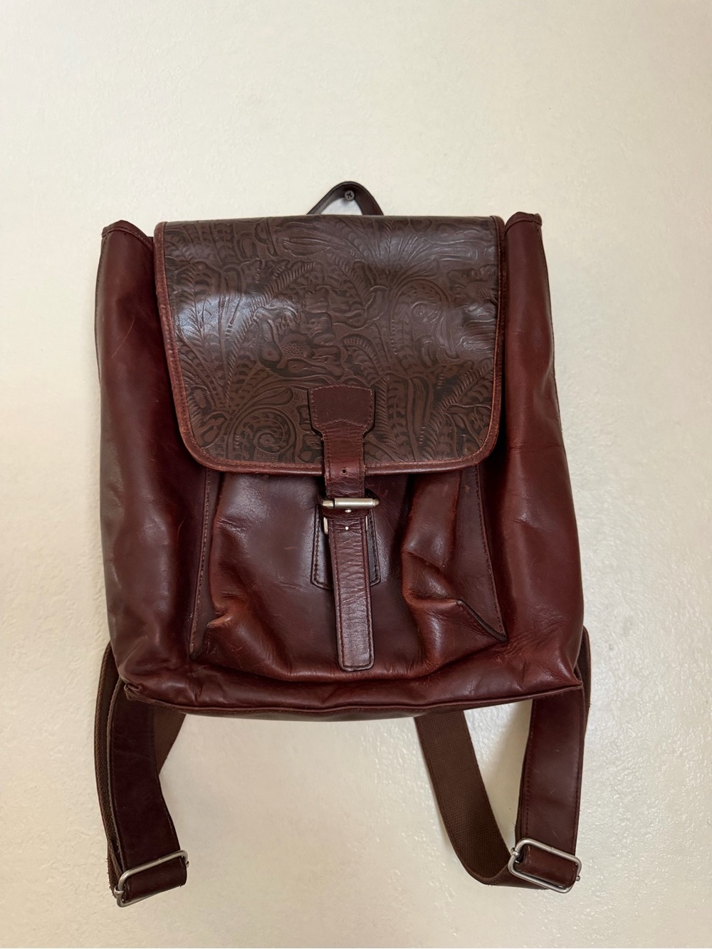 Ellington Leather Embossed Flap Backpack - Brown- Portland, Oregon